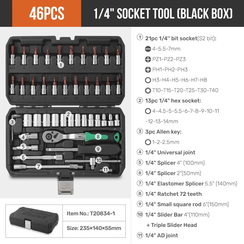 46/74/216pc Socket Wrench Set, Ratchet Wrench Tool Sets, Mechanical and Automotive Repair Combination Socket Ratchet Wrench Set