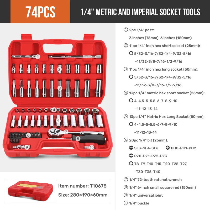 46/74/216pc Socket Wrench Set, Ratchet Wrench Tool Sets, Mechanical and Automotive Repair Combination Socket Ratchet Wrench Set