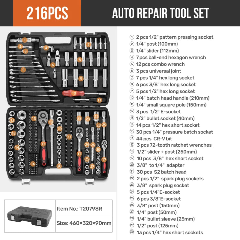 46/74/216pc Socket Wrench Set, Ratchet Wrench Tool Sets, Mechanical and Automotive Repair Combination Socket Ratchet Wrench Set