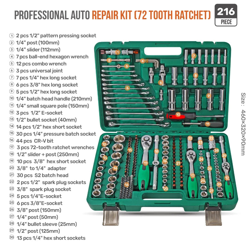 46/74/216pc Socket Wrench Set, Ratchet Wrench Tool Sets, Mechanical and Automotive Repair Combination Socket Ratchet Wrench Set